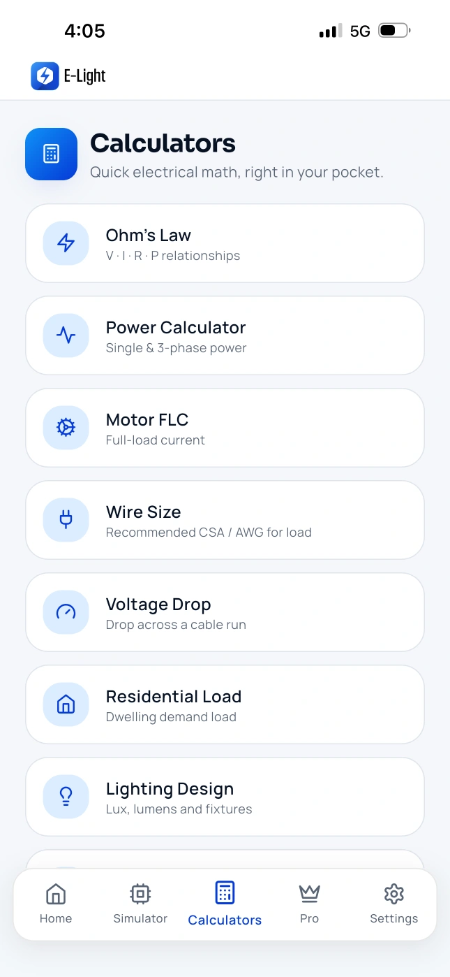 An E-Light calculator running on a phone